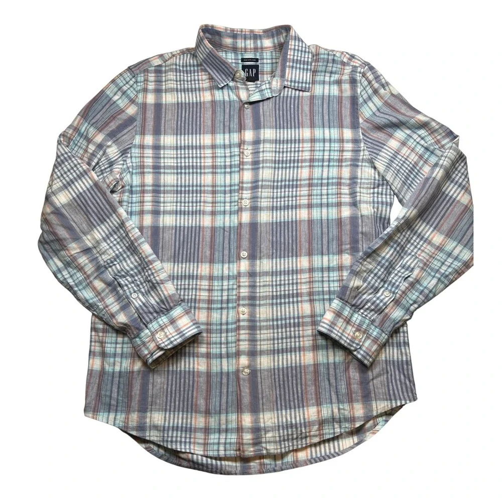 GAP Mens Linen Blend Plaid Button Down Shirt Blue Grey Orange Size M Long Sleeve